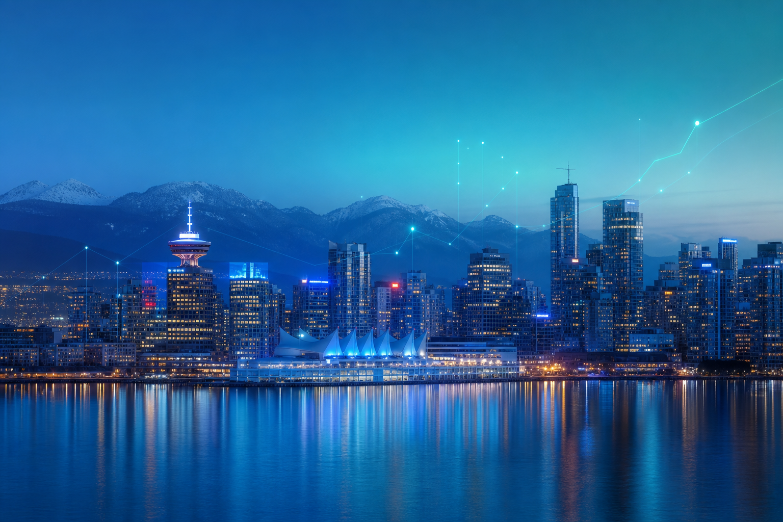 Vancouver skyline with AI-powered SEO growth charts, analytics and digital service overlays